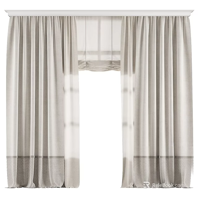 Light Gray Curtain With Linen Texture And Decorative Bottom Hem Design 3d model 