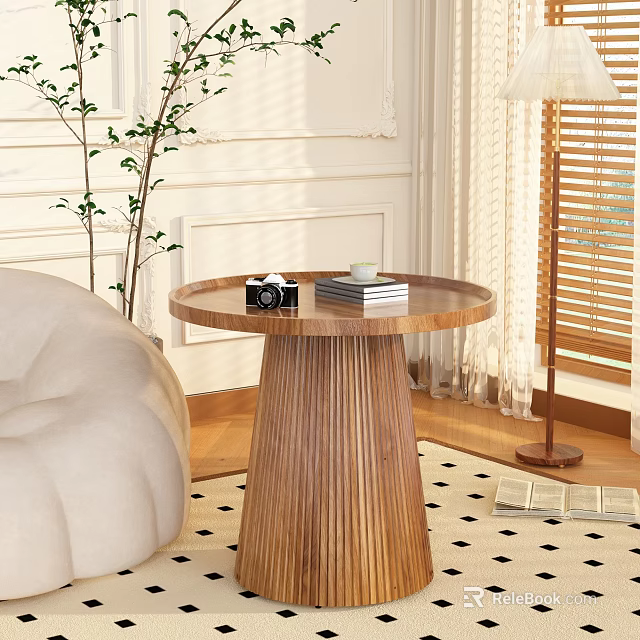 Modern Beige Sofa Round Wooden Coffee Table With Books Camera Green Plant In Bright Room 3d model 