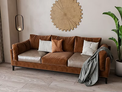 Brown Three Seater Sofa With White And Brown Cushions On Wooden Floor And Circular Decor 3d model