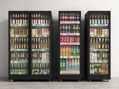 Multiple Glass Door Display Refrigerators Filled With Assorted Beverages In Retail Space 3d model