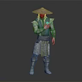 Martial Arts Warrior In Traditional Blue White Outfit With Straw Hat And Armor Details