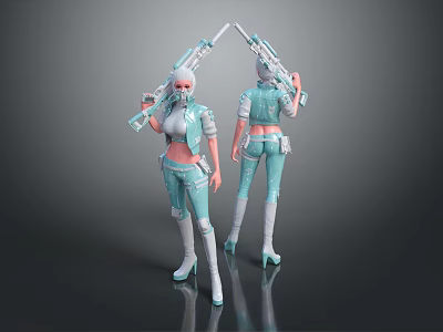Game Movie Female Character In Teal Outfit Holding Rifles With Helmet And High Heels 3d model