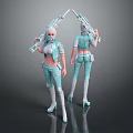 Game Movie Female Character In Teal Outfit Holding Rifles With Helmet And High Heels