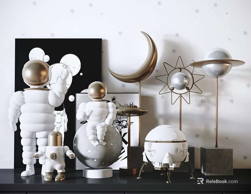 Modern Space Themed Decorative Ornament Set With Astronaut Moon Planet Star Figurines 3d model 