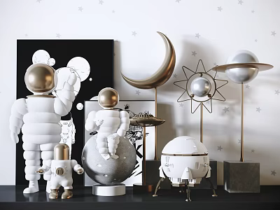 Modern Space Themed Decorative Ornament Set With Astronaut Moon Planet Star Figurines 3d model