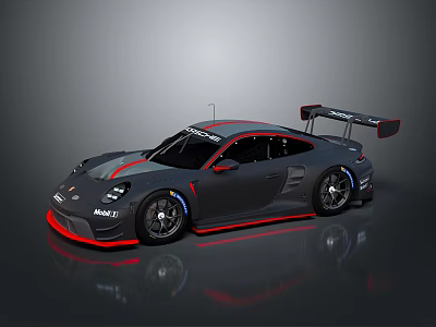 High Performance Porsche Race Car With Gray Body Red Stripes And Large Rear Wing 3d model