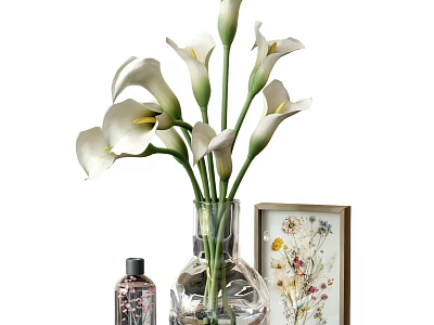 Decorative Ornament Set Featuring Glass Vase White Calla Lilies Framed Dried Flowers And Perfume Bottle 3d model