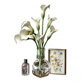 Decorative Ornament Set Featuring Glass Vase White Calla Lilies Framed Dried Flowers And Perfume Bottle