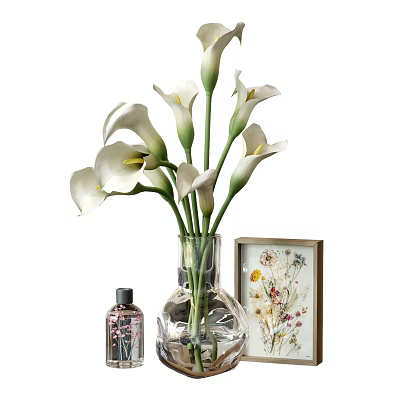 Decorative Ornament Set Featuring Glass Vase White Calla Lilies Framed Dried Flowers And Perfume Bottle 3d model