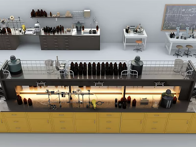 Efficient Functional Laboratory Table With Equipment Bottles Workbench And Cabinets Setup 3d model
