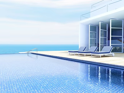 Modern Garden Landscape With Swimming Pool Lounge Chairs Modern Building And Blue Sky Ocean View 3d model