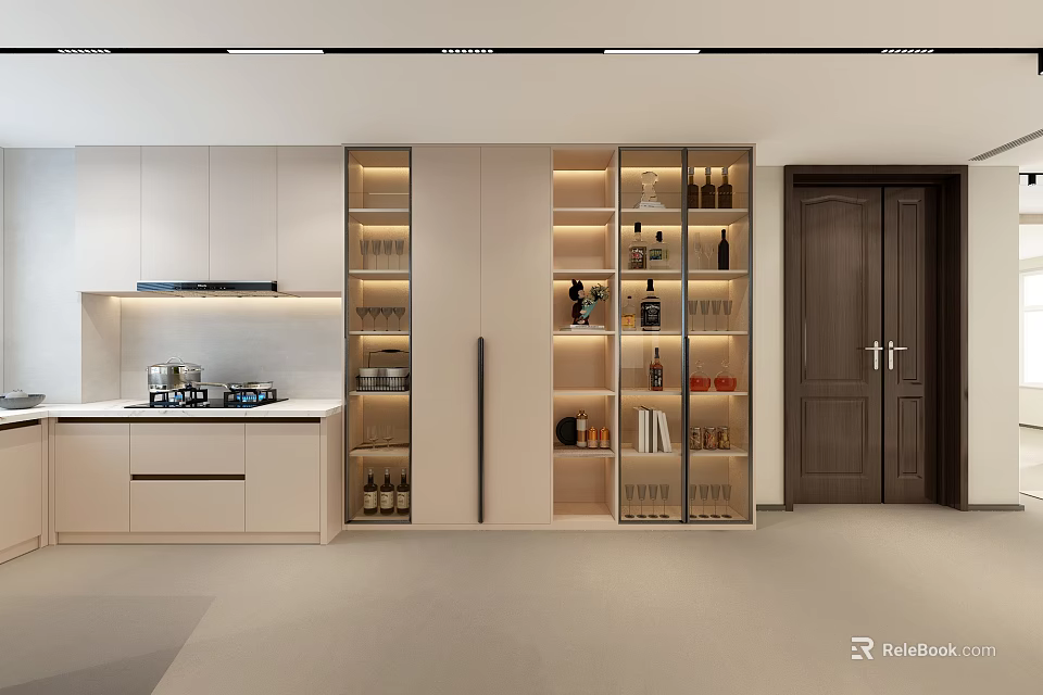 Modern Kitchen Wine Cabinet With Glass Doors And Built In Lighting Shelves 3d model 