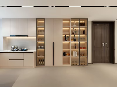 Modern Kitchen Wine Cabinet With Glass Doors And Built In Lighting Shelves 3d model