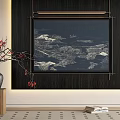 Framed Landscape Painting With Black Vase Red Blossoms Wooden Stand And Dark Wall Background