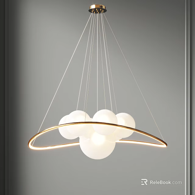 Modern Chandelier With White Spherical Globes And Golden Ring Hanging Design 3d model 
