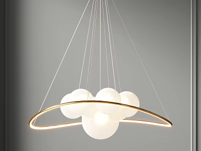 Modern Chandelier With White Spherical Globes And Golden Ring Hanging Design 3d model