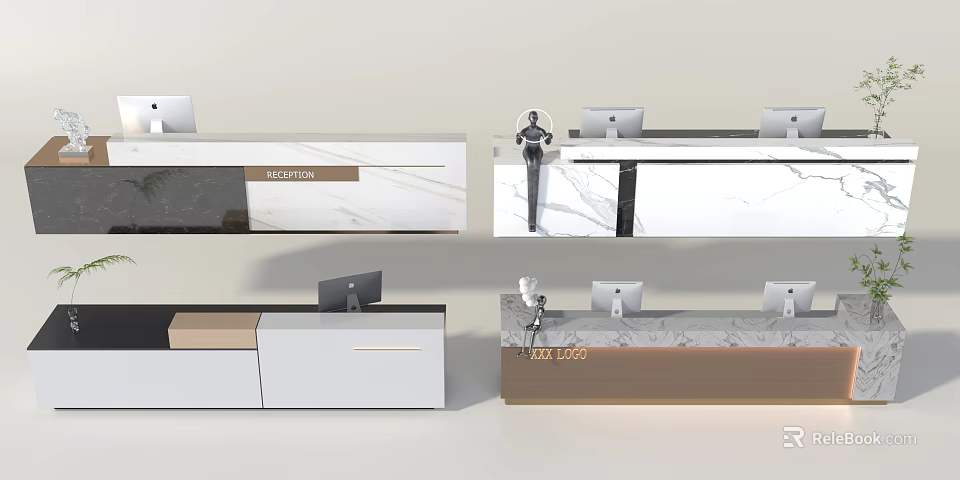 Modern Reception Desk Interior Design With Marble Countertop Computer And Cabinets 3d model
