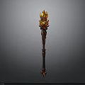 Fantasy Burning Staff With Flaming Top And Intricate Carved Handle