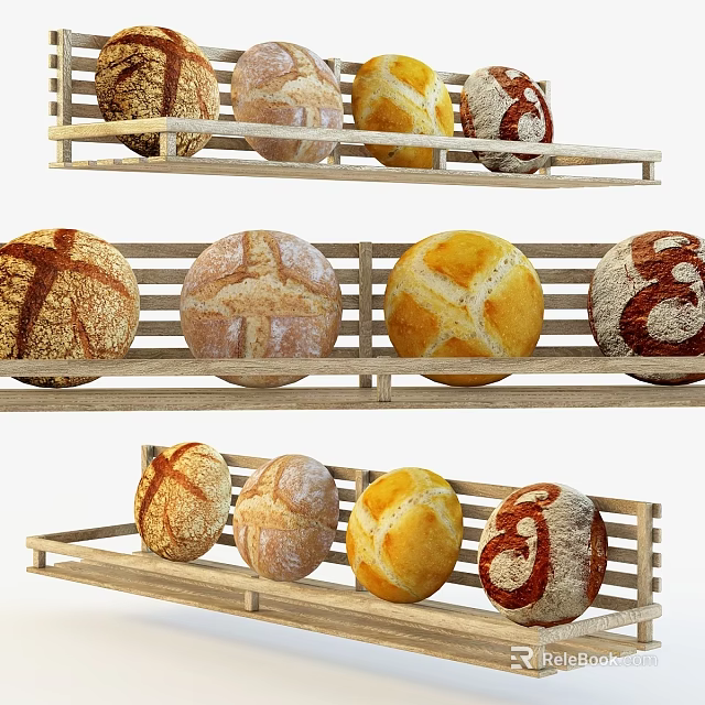 Freshly Baked Artisanal Bread Loaves With Decorative Patterns On Wooden Shelves 3d model 