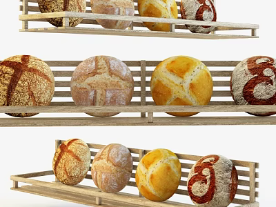 Freshly Baked Artisanal Bread Loaves With Decorative Patterns On Wooden Shelves 3d model