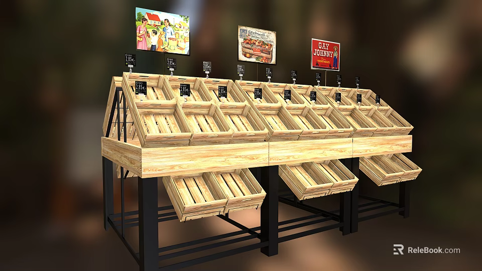 Wooden Shelving Unit with Multiple Wooden Crates for Product Display and Hanging Signboards on Top 3d model 