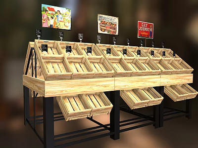 Wooden Shelving Unit with Multiple Wooden Crates for Product Display and Hanging Signboards on Top 3d model