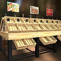 Wooden Shelving Unit with Multiple Wooden Crates for Product Display and Hanging Signboards on Top