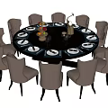 Elegant Round Black Dining Table Set With Beige Chairs Tableware Fruit Platter And Decorations 3d model