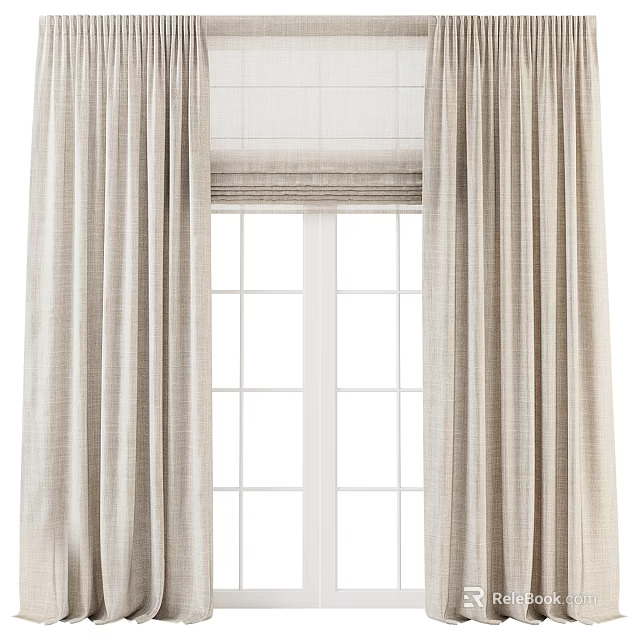 Beige Textured Linen Curtains With Roman Shade For Modern Window Decoration 3d model 