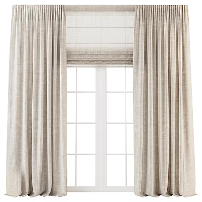 Beige Textured Linen Curtains With Roman Shade For Modern Window Decoration 3d model