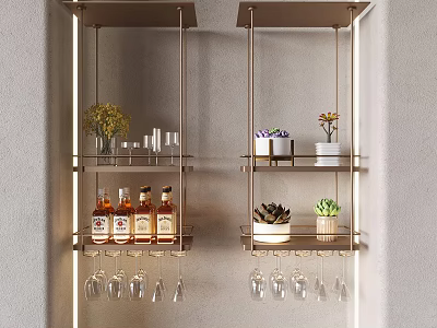 Modern Metal Multi tiered Wine Rack With Wine Bottles Hanging Glasses And Decorative Plants 3d model