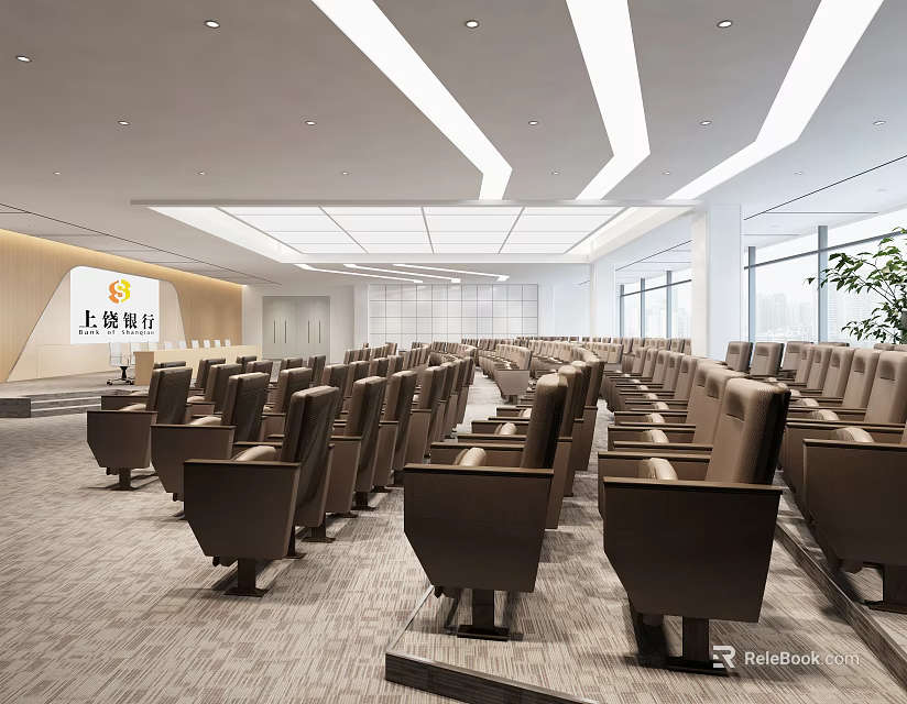 Spacious Conference Room With Neatly Arranged Brown Seats Podium Large Windows And Modern Lighting 3d model 
