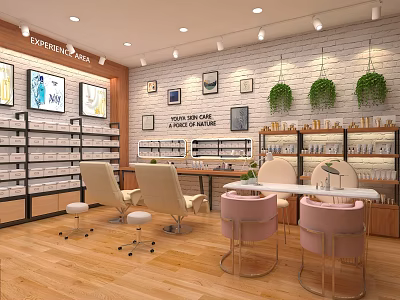 Modern Cosmetics Store Interior Decor With Display Shelves Beauty Chairs Green Plants And Brick Walls 3d model