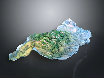 3D Terrain Model Showcasing Natural Landscape Features With Green Vegetation And Blue Water 3d model