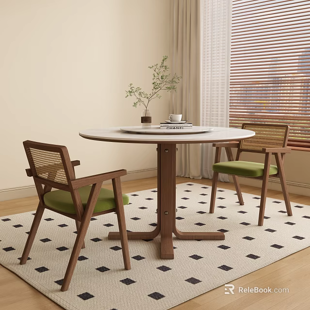Round Wooden Table And Chairs Set With Green Cushions On Patterned Rug Near Window 3d model 