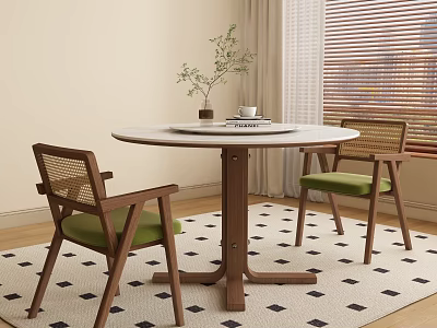 Round Wooden Table And Chairs Set With Green Cushions On Patterned Rug Near Window 3d model