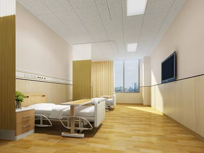 Modern Hospital Outpatient Clinic Patient Beds TV Window Light Colored Walls And Wooden Flooring 3d model