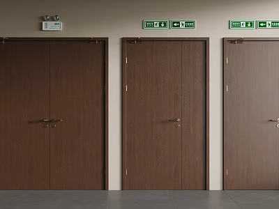 Three Brown Doors With Golden Handles And Green Emergency Exit Signs 3d model