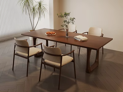 Wooden Dining Table with Beige Cushioned Chairs Vase Plants and Fruit Platter in Light Room 3d model