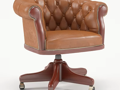 Brown Leather Tufted Office Chair with Wooden Armrests Metal Studs and Wheels on Wooden Base 3d model