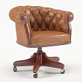 Brown Leather Tufted Office Chair with Wooden Armrests Metal Studs and Wheels on Wooden Base