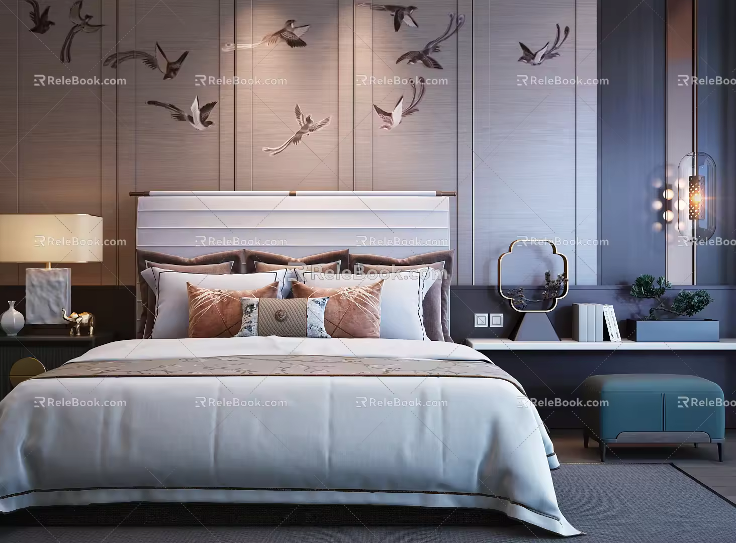 New Chinese background double bed double bedside table combination 3d model
