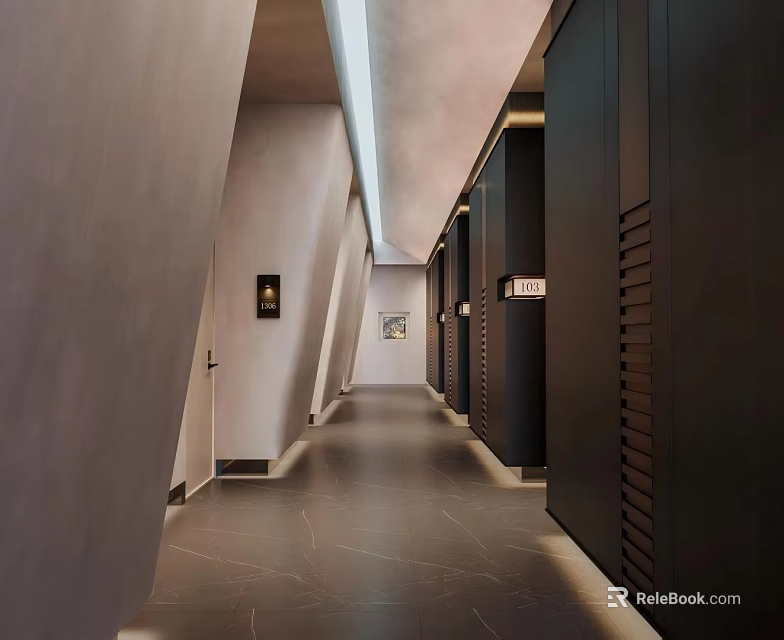 Modern Office Corridor Interior With Dark Doors Recessed Lighting And Sleek Flooring 3d model 