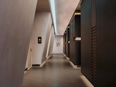 Modern Office Corridor Interior With Dark Doors Recessed Lighting And Sleek Flooring 3d model