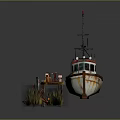 Rusty Old Fishing Boat Moored At Small Dock With Mast And Gear