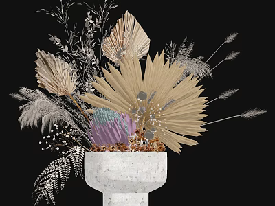 White Marble Vase with Dried Flowers Golden Leaves Feathery Plants Purple Decor on Black Background 3d model