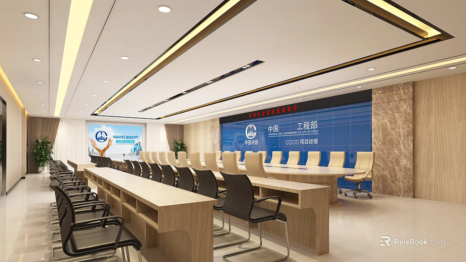 Modern Conference Room For Engineering Consultation With Long Tables And Chairs 3d model 