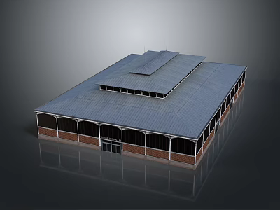 Brick Walled Building With Metal Roof Arched Windows Central Raised Roof Section And Symmetrical Design 3d model