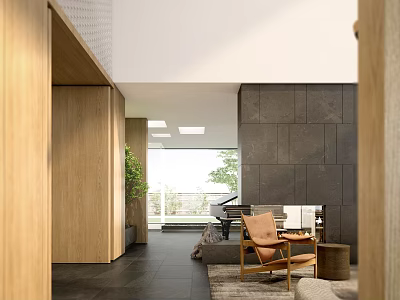 Modern Entryway Hallway With Wooden Elements Natural Light And Green Plant 3d model