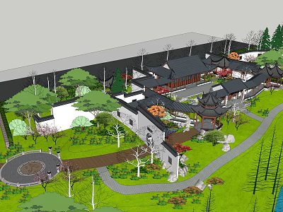 Ancient Chinese Architecture Courtyard With Traditional Roof Pagoda Lush Trees And Stone Paths 3d model